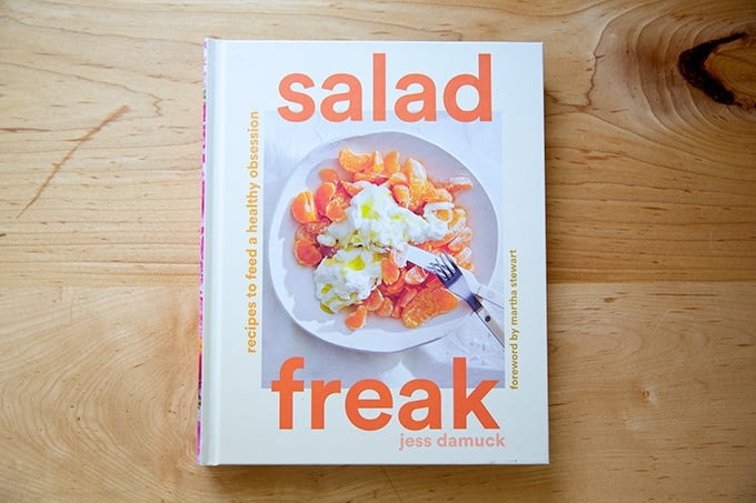 Salad Freak cookbook on a countertop.