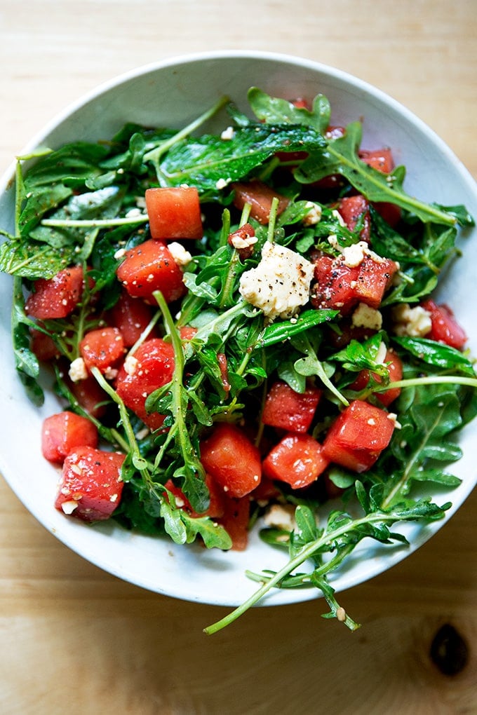 Watermelon-feta salad in a bowl.