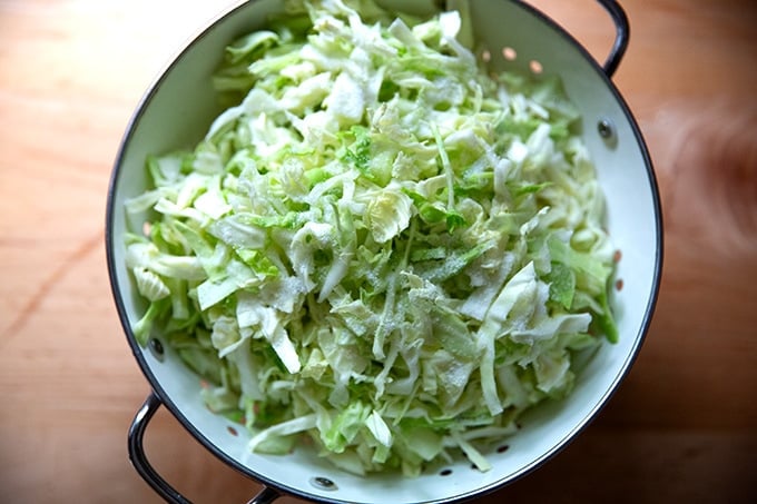 Salted cabbage in a colander.