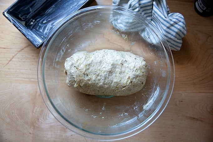 A shaped loaf of rye dough in a bowl.