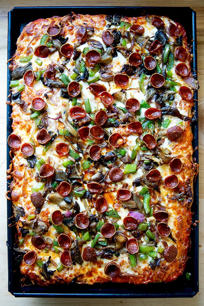 Just-baked Sicilian-style pizza still in the pan.