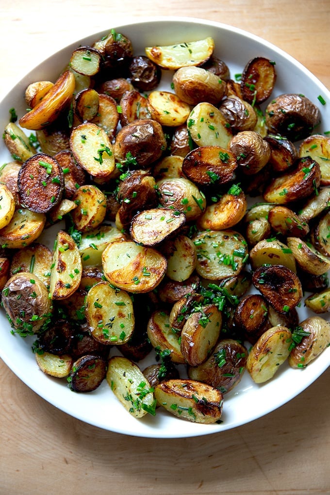 A plate of roasted baby yukon gold potatoes.