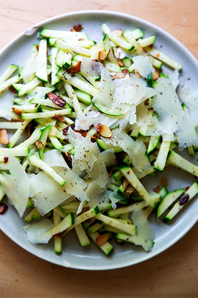 Zucchini sauté with almonds and parmesan.