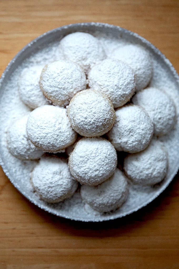 A plate of lemon-almond snowball cookies.