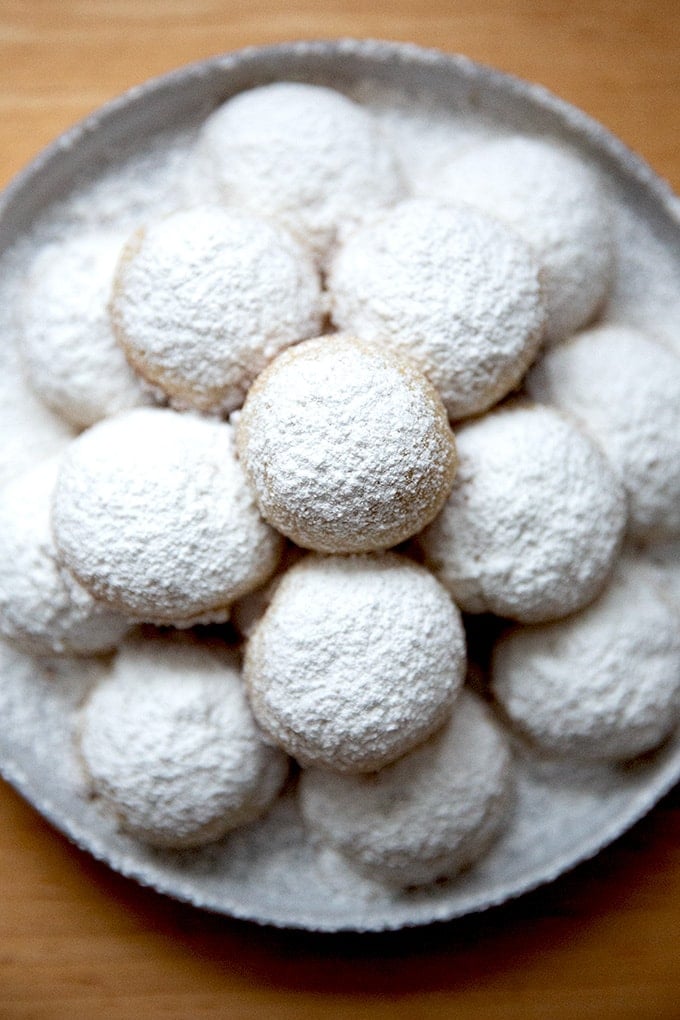 A plate of lemon-almond snowball cookies.