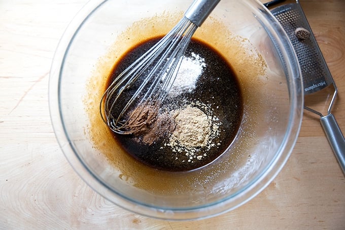 A bowl of batter to make gingersnap cookies.