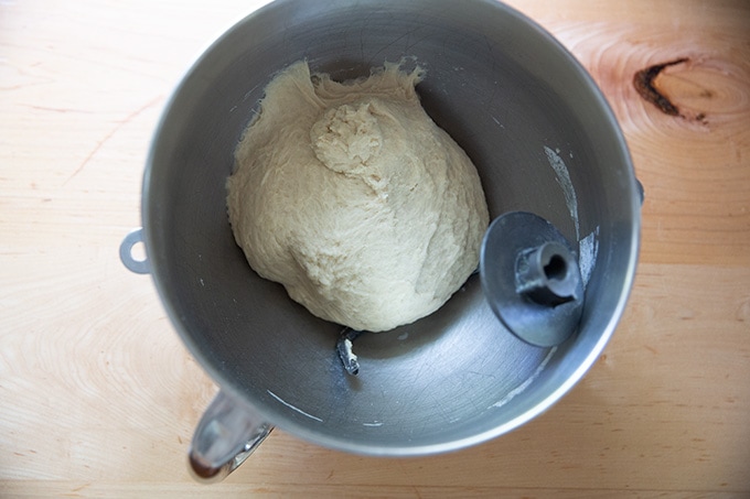 Soft pretzel dough in a stand mixer.