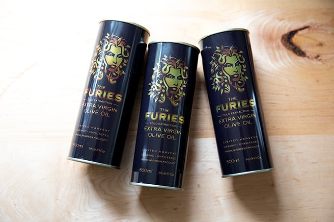 Three bottles of The Furies olive oil.