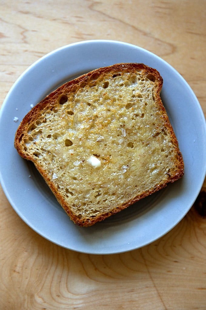 A toasted slice of rye bread.