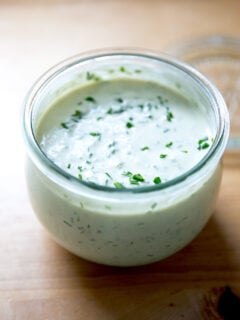 A jar of vegan ranch dressing.