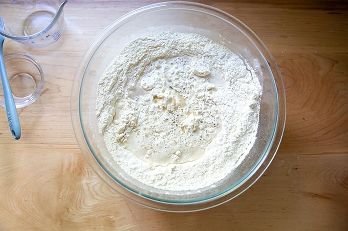 A bowl of soft pretzel dough ready to be mixed.