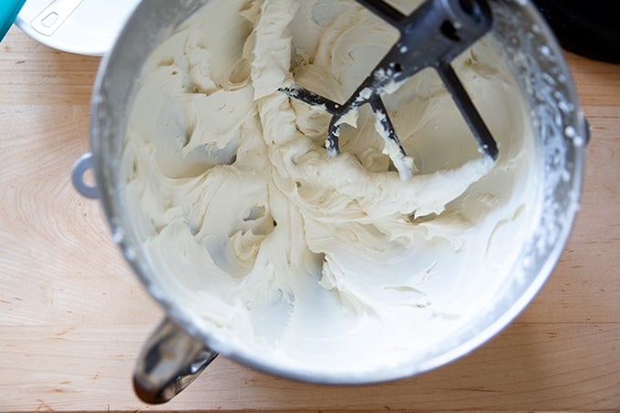 Just-beaten cream cheese-whipped cream frosting.
