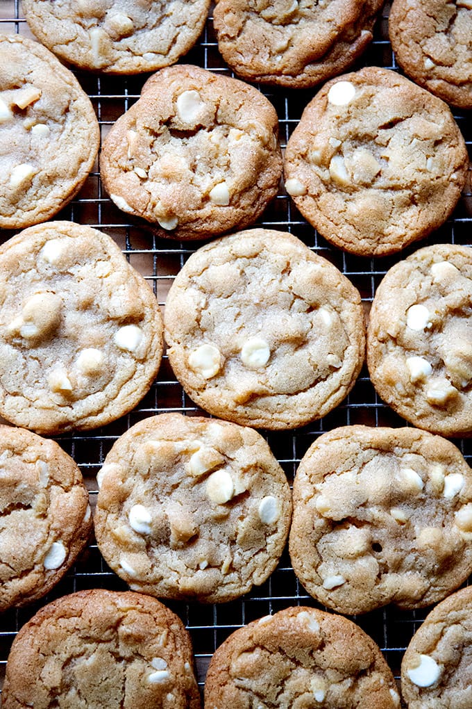 Just-baked white chocolate macadamia nut cookies.