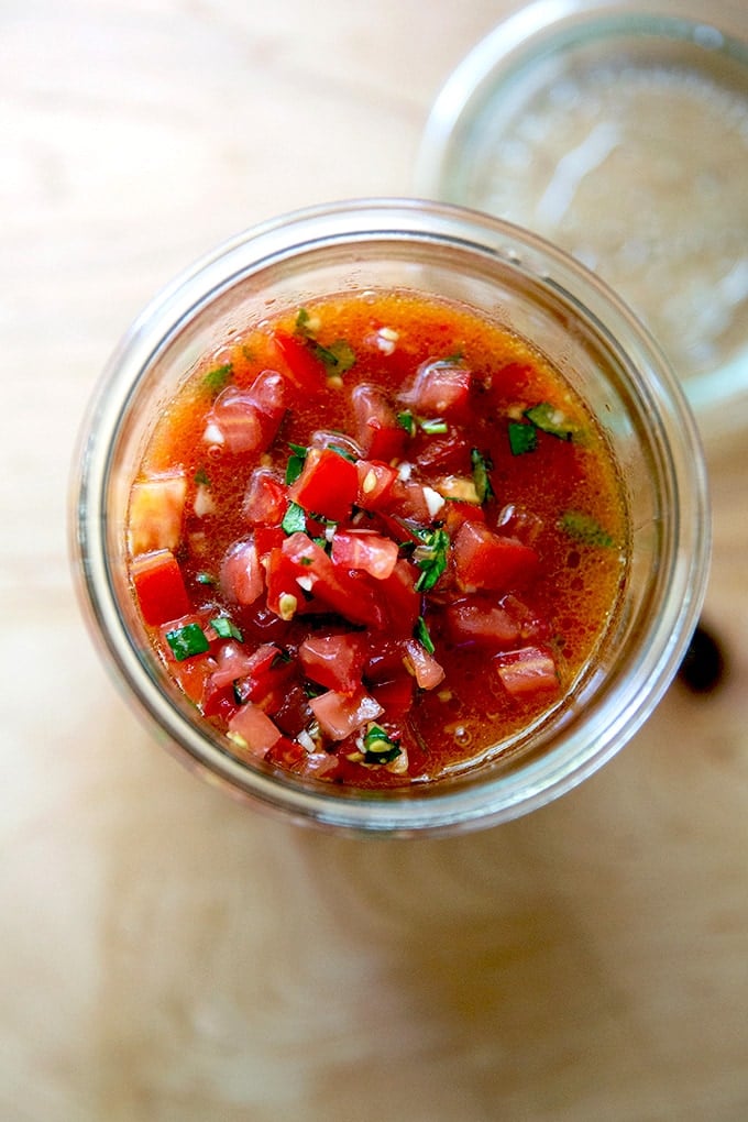 A jar of homemade bruschetta sauce.