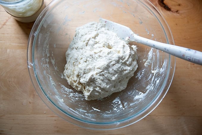 A bowl of just-mixed sourdough dough. - 25