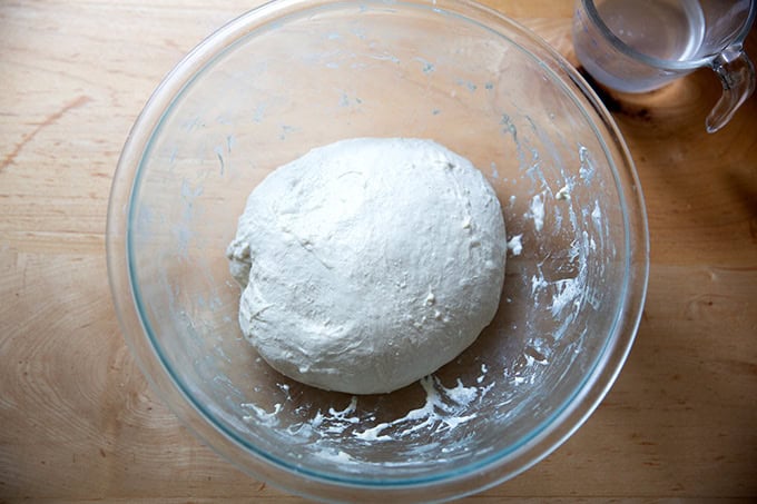 A stretched and folded batch of sourdough dough. - 27