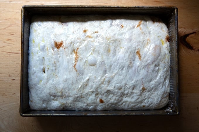 A 9x13-inch pan filled with cinnamon-sugar focaccia dough after the second proof. - 32