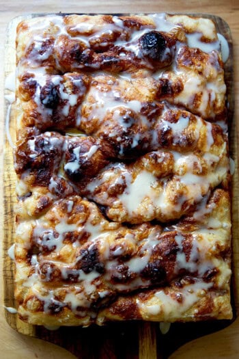 Cinnamon-sugar focaccia on a serving board.
