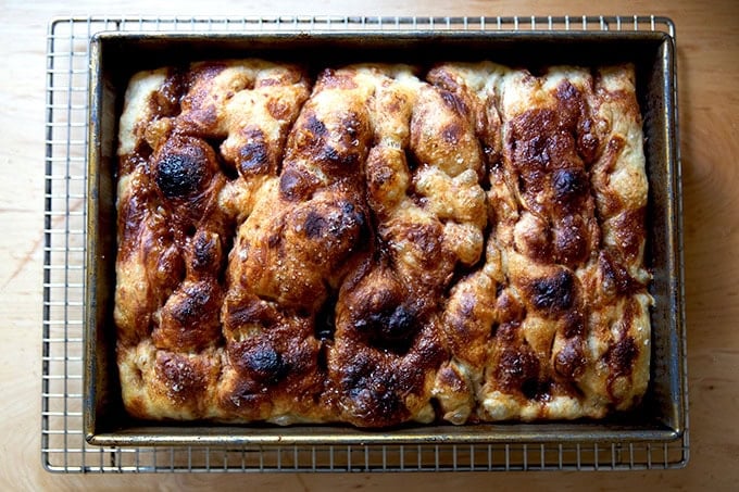Just-baked cinnamon-sugar focaccia, just baked in a 9x13-inch pan on a cooling rack. - 35