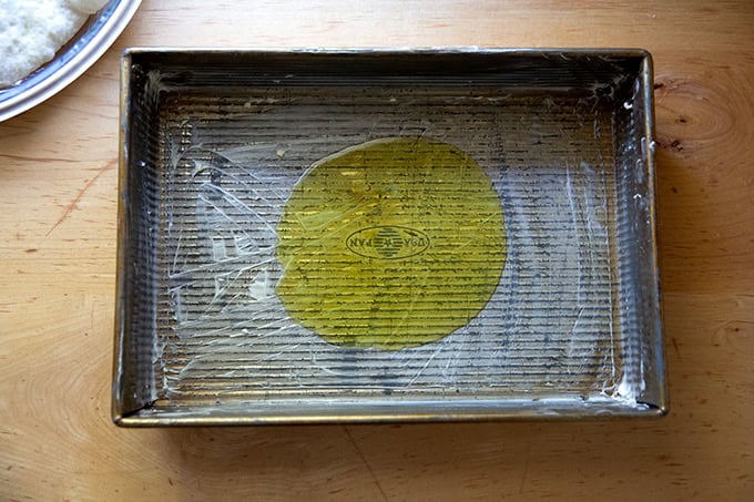 A buttered 9x13-inch pan with 2 tablespoons of olive oil in the center. - 24