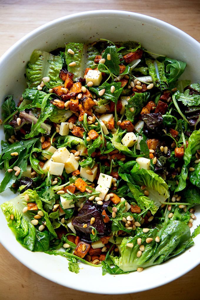 A tossed roasted sweet potato salad with greens, gruyere, toasted pine nuts and apple cider vinaigrette. - 29