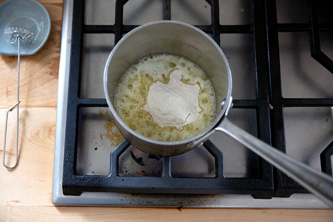 Melted butter in a small saucepan with flour added. - 45