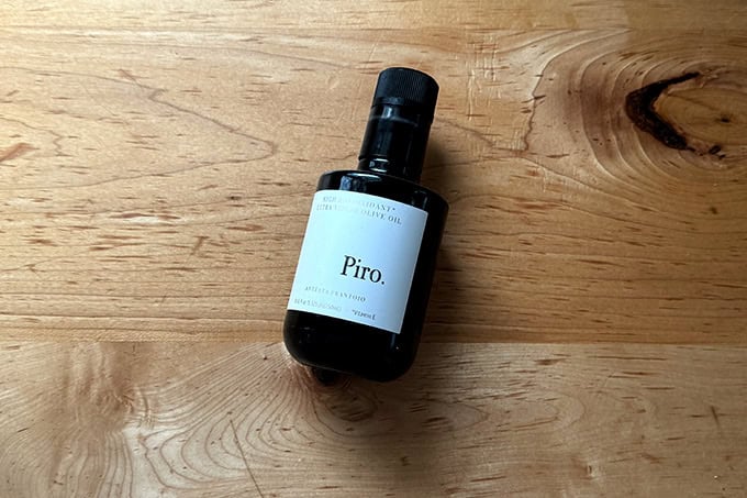 A bottle of Piro extra-virgin olive oil.