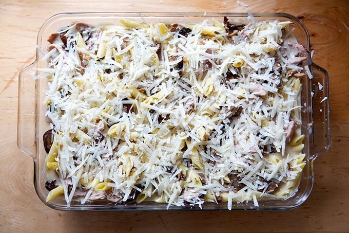 A pan of unbaked turkey tetrazzini ready for the oven. - 52