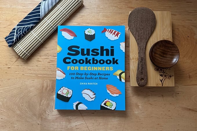 A sushi for beginners cookbook with a sushi kit.