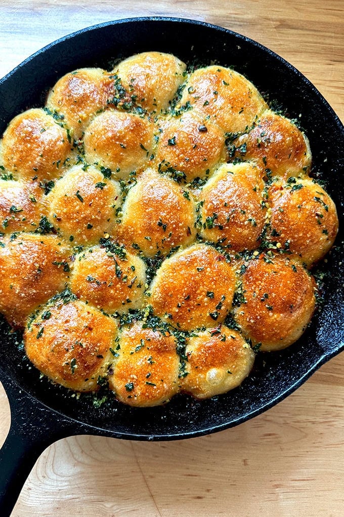 Just baked garlic-herb monkey bread in a cast iron skillet. - 74
