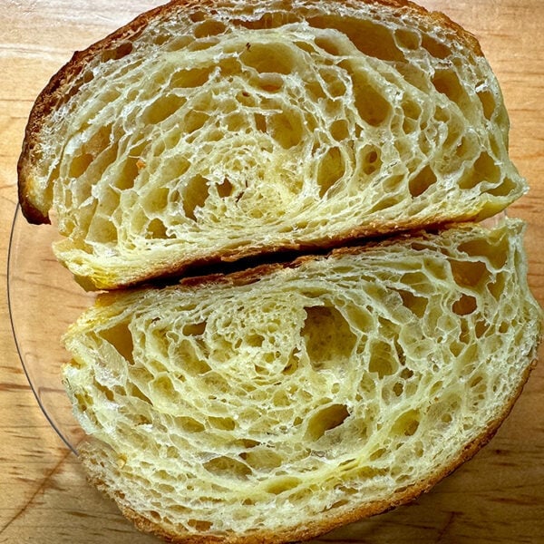 A halved croissant made with cheater's croissant dough.