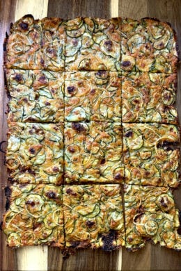 Zucchini Scarpaccia cut into 12 squares.
