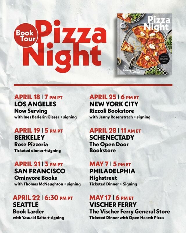 Friends! It’s a book tour! Next month, I’m hitting the road, and it would be a DREAM to meet you all in real life and talk and eat pizza⁣ (and salad!) together forever 🍕🥗🍕🥗🍕🥗🍕🥗🍕 ⁣⁣
⁣
Pizza Night Book Tour⁣⁣⁣
⁣⁣⁣
April 18 | Los Angeles⁣⁣⁣
@nowservingla with Ines Glaser of @lupacotta ⁣⁣⁣
⁣⁣⁣
April 19 | Berkeley⁣⁣⁣
@rose.pizzeria ⁣⁣⁣
⁣⁣⁣
April 21 | San Francisco⁣⁣⁣
@omnivorebooks with @chefthomasmcnaughton of @flourandwaterpizzeria 
⁣⁣⁣
April 22 | Seattle⁣⁣⁣
@booklarder with Yasuaki Saito of @tivoli.in.seattle ⁣⁣⁣
⁣⁣⁣
April 25 | New York⁣⁣⁣
@rizzolibookstore with Jenny Rosenstrach of @dinneralovestory ⁣
⁣⁣⁣
April 28 | Schenectady⁣⁣⁣
@theopendoorbookstore ⁣⁣⁣
⁣⁣⁣
May 7 | Philadelphia⁣⁣⁣
@highstreetphl 
⁣⁣⁣
May 17 | Vischer Ferry General Store⁣⁣
@vischerferrygeneralstore with @openhearthpizza⁣⁣
⁣⁣
Will update all events here: alexandracooks.com/pizza-night-book-tour/⁣⁣
⁣⁣
#pizzanight